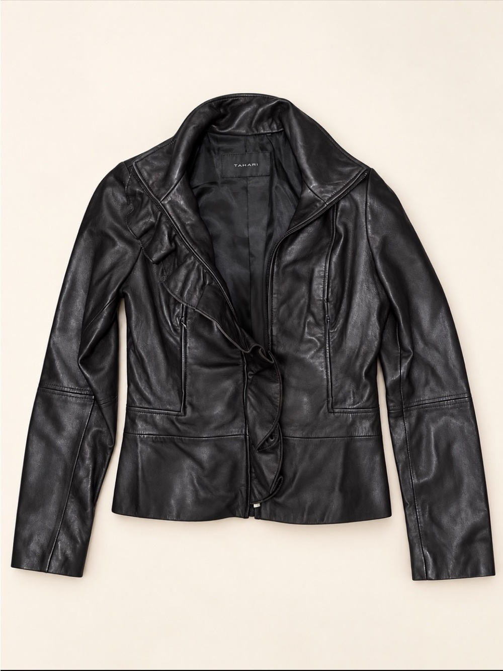 Tahari Brown Leather Ruffle-Front Jacket